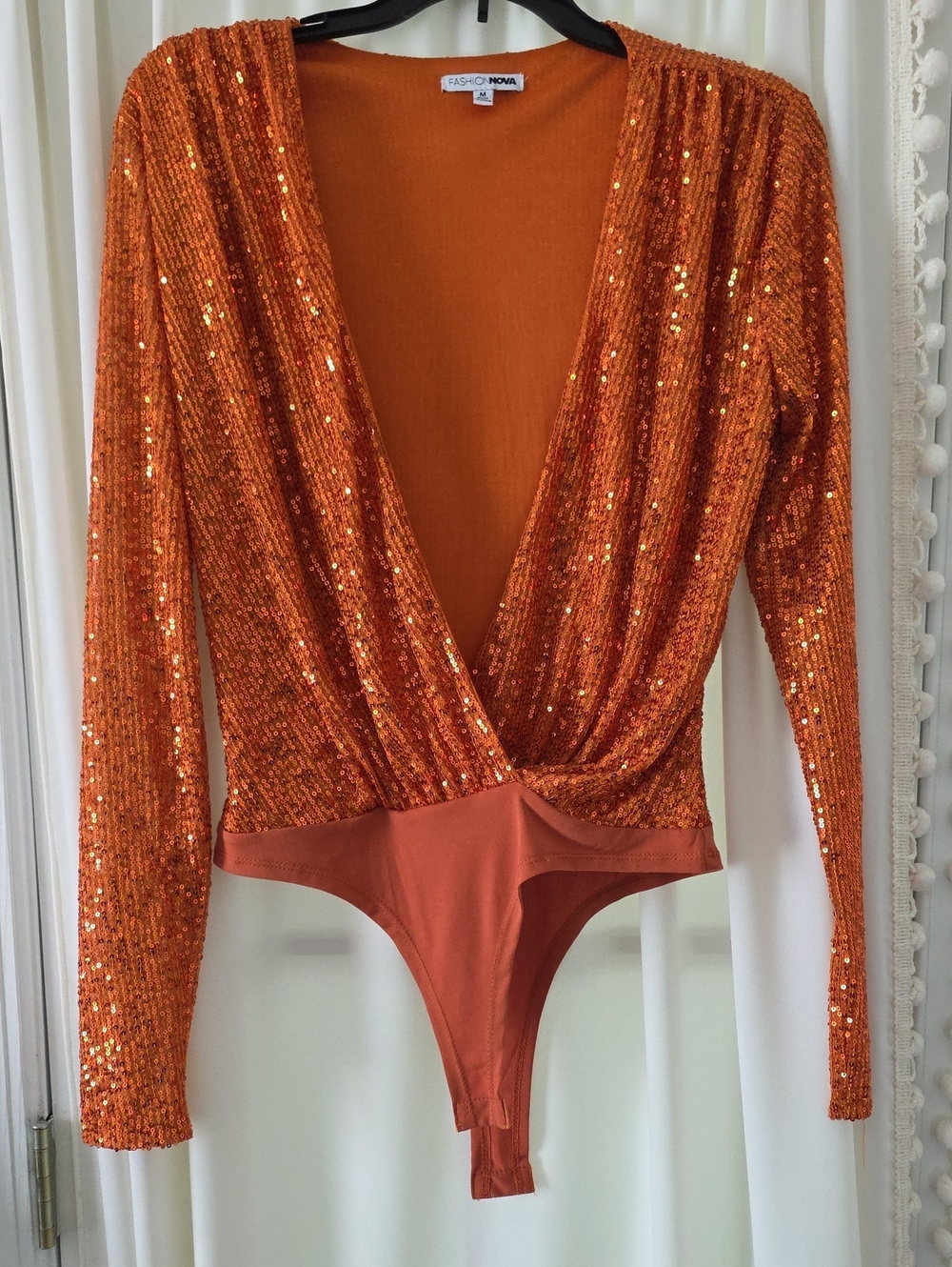 Fashion Nova Orange Sequin Wrap Bodysuit